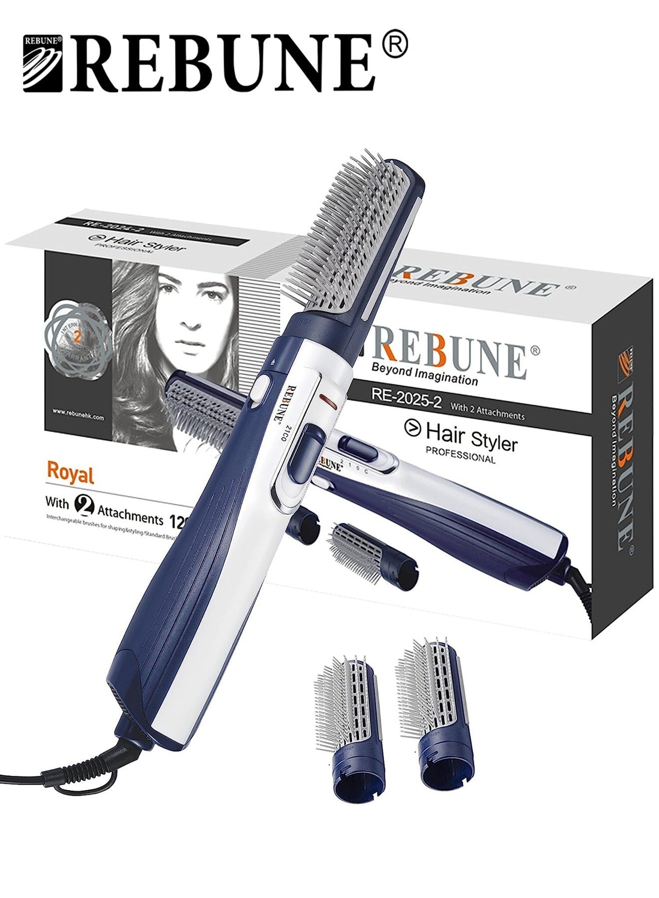 Original 1200Watts Electric Hair Styler Brush Hair Dryer Straigghtener Curler Comb With 2 Attachments White/Blue
