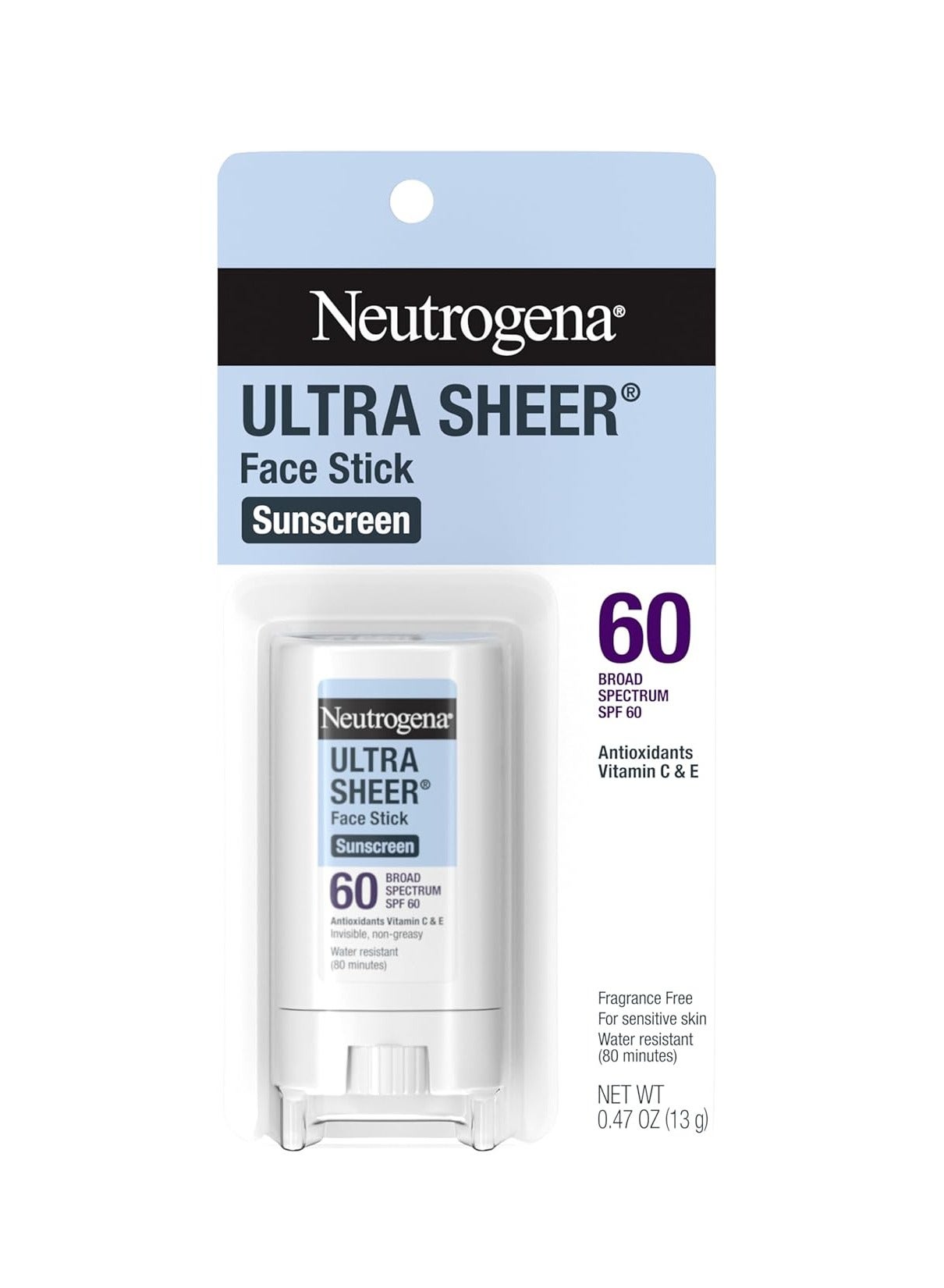 Neutrogena Ultra Sheer SPF 60 Face Sunscreen Stick, Water Resistant Facial Stick with Broad Spectrum SPF 60 Protection for Sensitive Skin, Mini Travel Sunscreen, Oxybenzone-Free, 0.47 ozounce