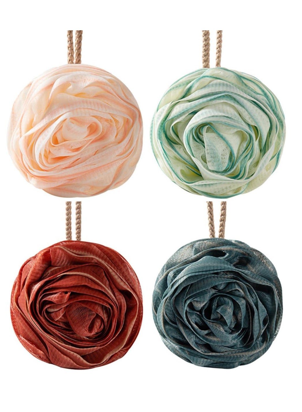 ECVV Large Bath Sponge Pouf Loofahs 4 Packs 70g/Pcs Rose Friendly Exfoliating Mesh Brush Shower Ball Exfoliate, Body Scrubber, Cleanse, Soothe Skin Bathroom Accessories Men Women Wash Cleaning Wine Red/Dark Geen/Light Pink/Light Green