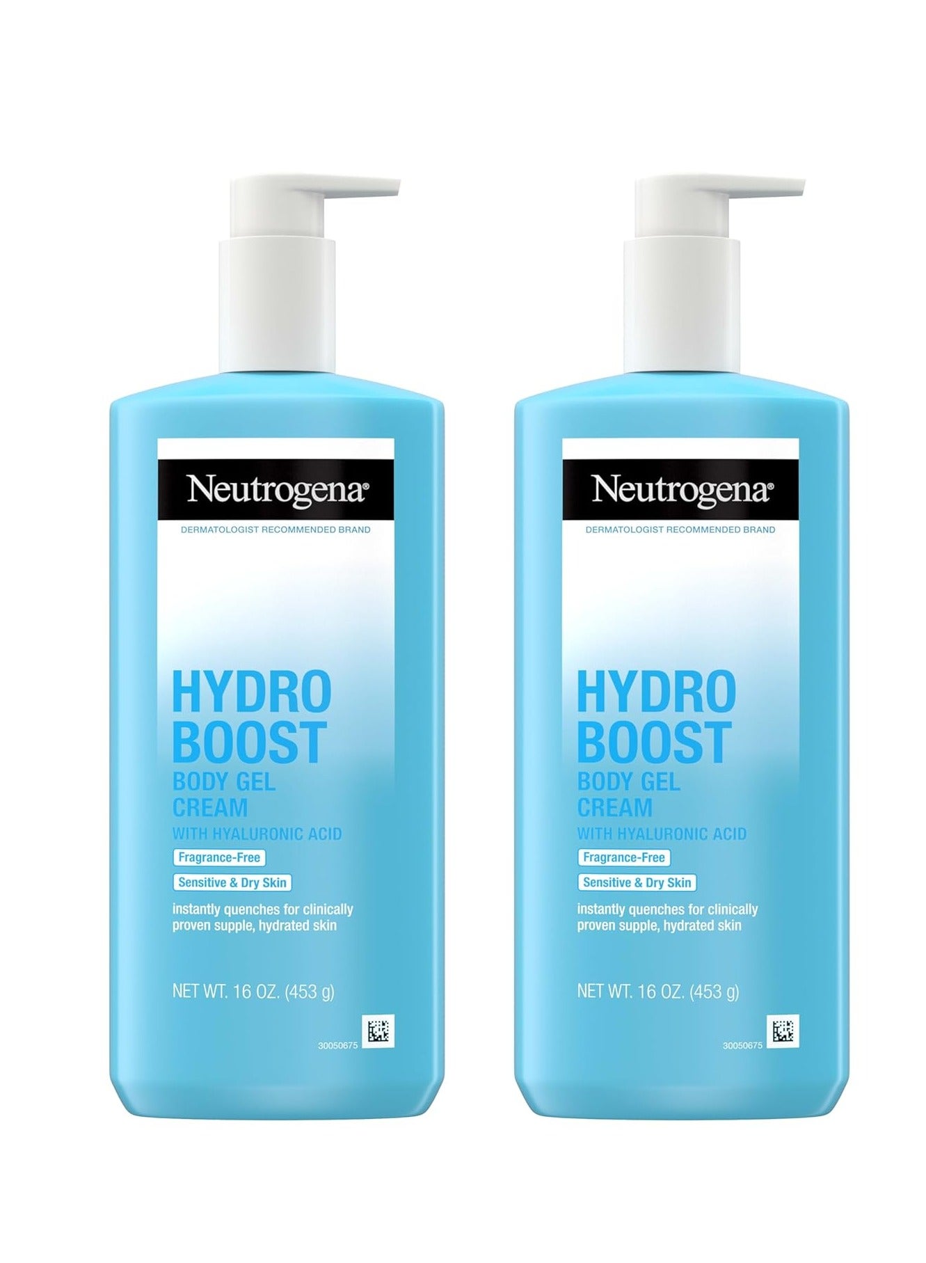 Hydro Boost Body Gel Cream, Hydrating Body Lotion with Hyaluronic Acid for Sensitive Skin, Fragrance-Free Hyaluronic Acid Moisturizer 16 oz, 2 Packounce