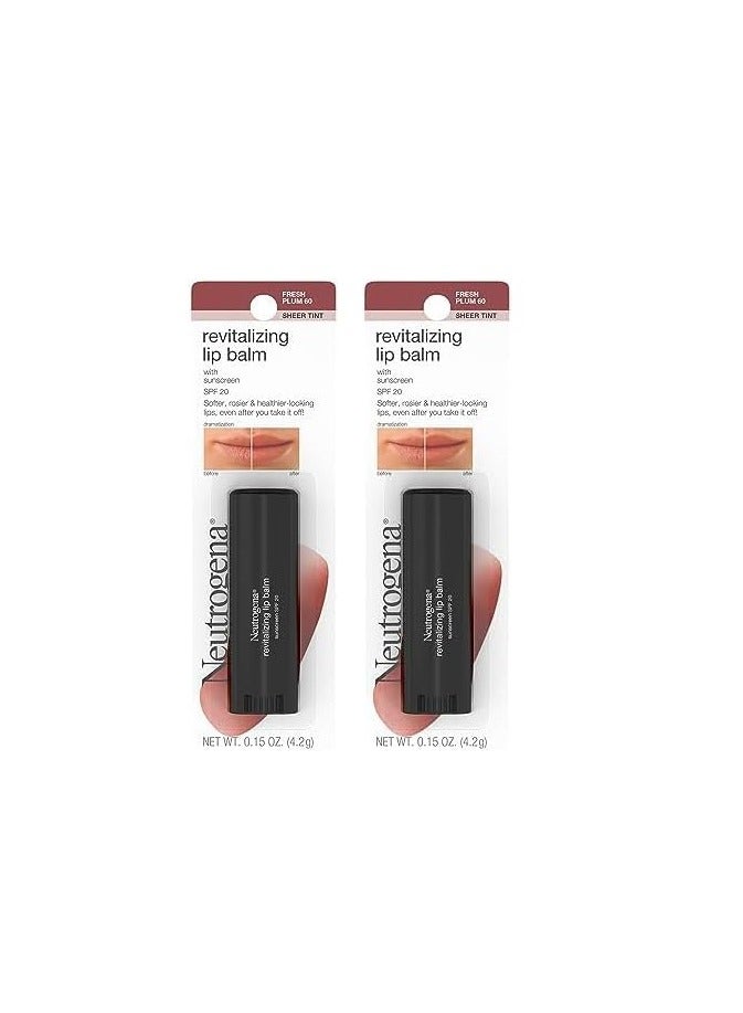 Neutrogena Revitalizing and Moisturizing Tinted Lip Balm with Sun Protective Broad Spectrum SPF 20 Sunscreen, Lip Soothing Balm with a Sheer Tint in Color Fresh Plum 60,.15 oz (Pack of 2)