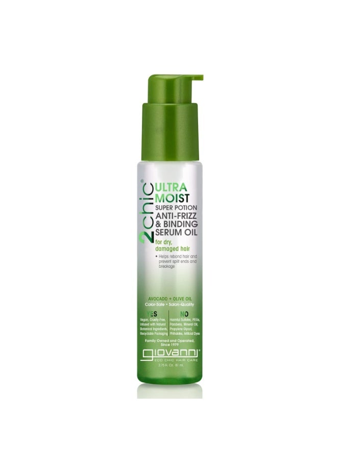 2chic Ultra-Moist Super Potion - Anti Frizz Binding Serum, Prevents Split Ends, Avocado & Olive Oil, Aloe Vera, Shea Butter, Botanical Extracts, No Parabens, Color Safe - 2.75 fl oz