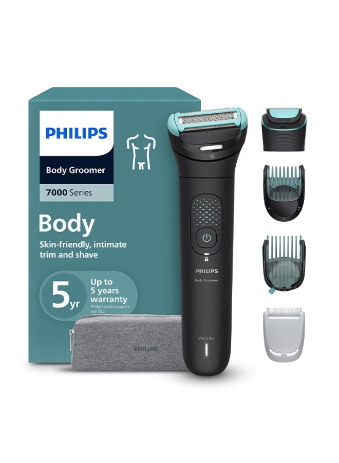 Body Groomer BG7470/15 | Trim & shave body hair & balls | 100% showerproof | Flexible head follows body | Skin-friendly | Combs 1–3 & 3–7 mm + sensitive area comb | 120 min cordless 120min, flexible head, 1-7mm combs-Black