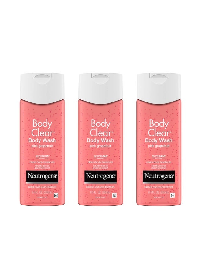Neutrogena Body Clear Acne Treatment Body Wash with Salicylic Acid Acne Medicine, Pink Grapefruit Body Acne Cleanser to Prevent Breakouts on Back, Chest & Shoulders 8.5 fl. oz - Pack of 3Fluid Ounce