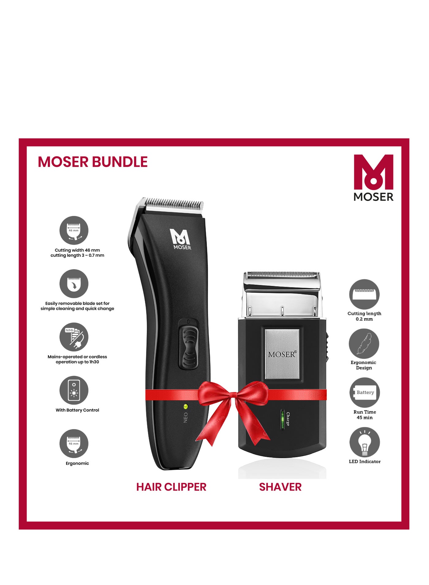 Professional Grooming Set, Hair Clipper with 46mm Cutting Width & Mobile Shaver, Cordless/Corded Operation, LED Indicator, 45-Min Runtime - 1886-0151+3615-0052B Black