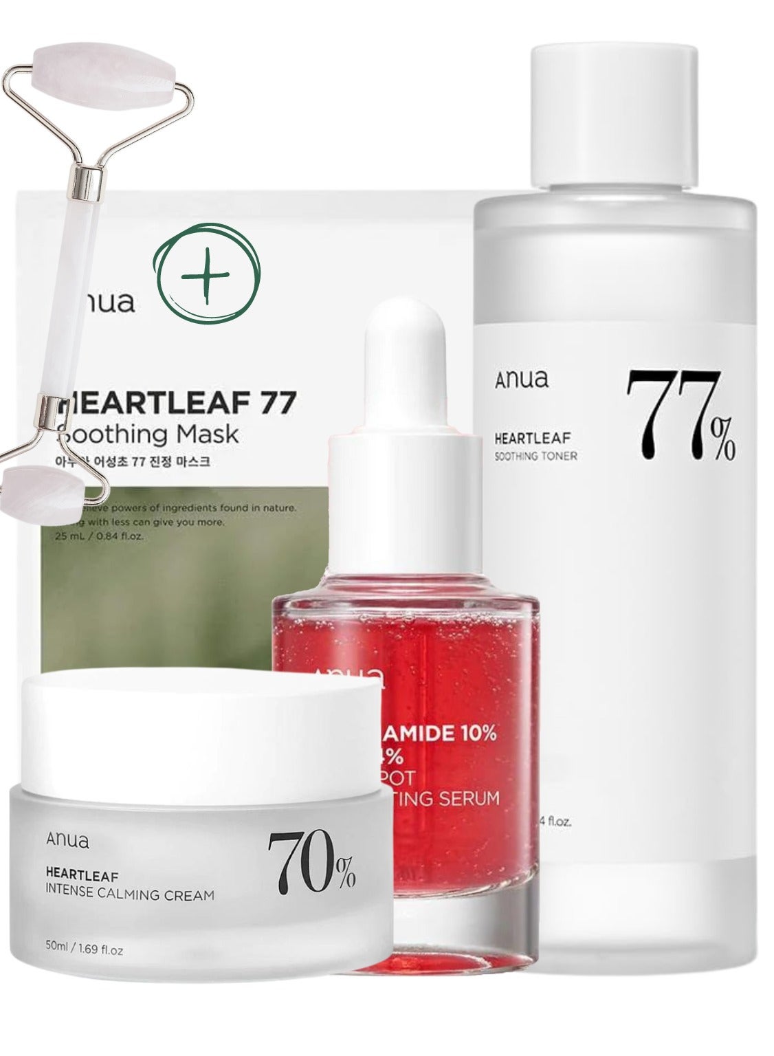 Skincare Essentials Pack - Niacinamide 10% Serum, Heartleaf Soothing Toner, Heartleaf Calming Cream & Premium Face Massager | Hydrating, Pore Minimizing, Skin Brightening, Soothing 330ml