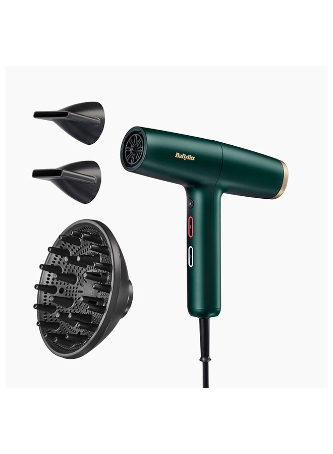 1600W Digital Hair Dryer with Ionic Technology, Includes Diffuser and 2 Concentrator Nozzles, Lightweight Design for Fast Drying and Frizz-Free Styling – D6555DSDE Dark Green