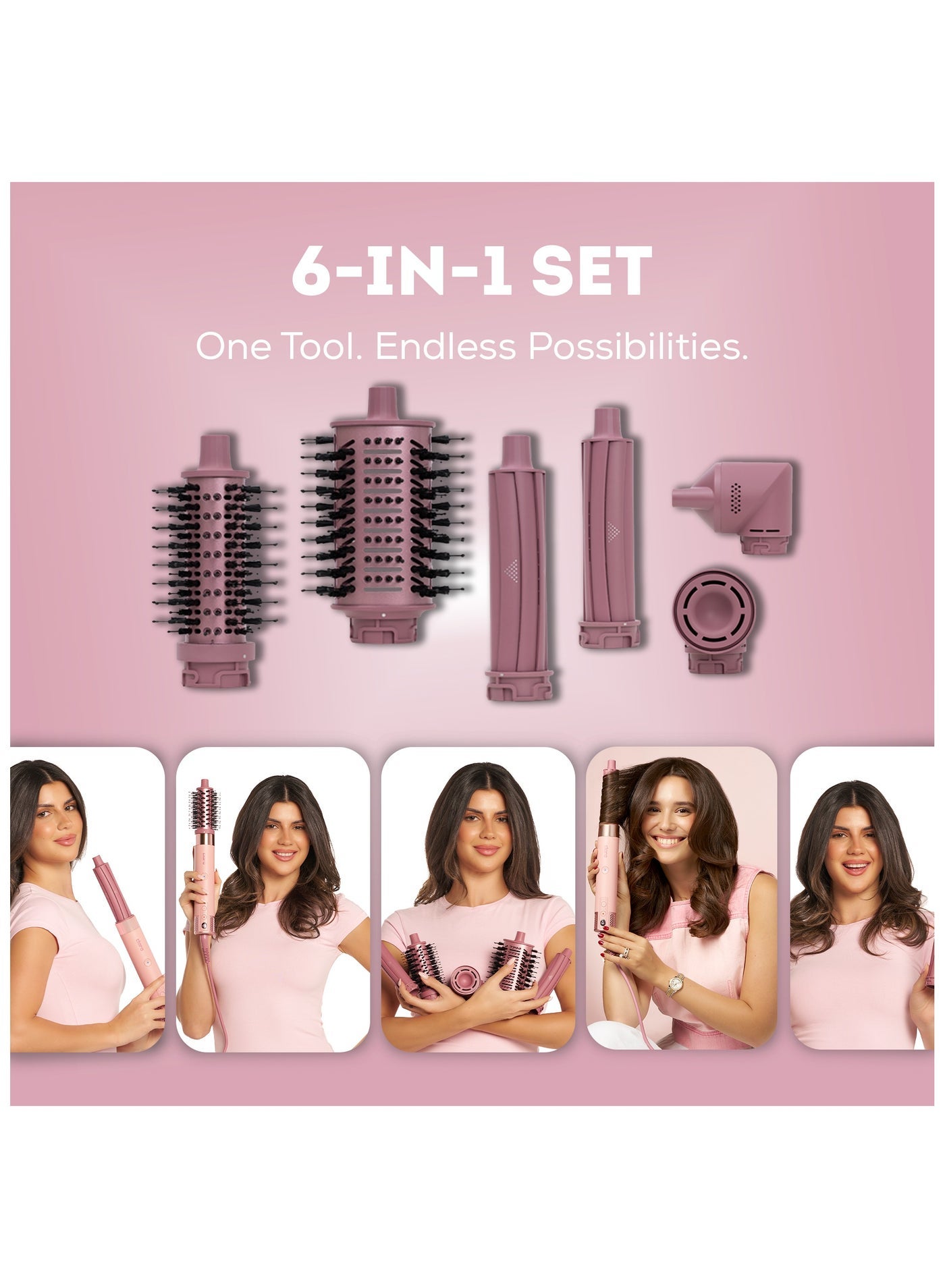 Clara Multi Styler for All Hair Types – 6-in-1 Styling Tool with Auto-Wrap Curlers, Blow Dryer, Round & Oval Brush – 1500W Ionic Hair Styler for Frizz-Free Waves & Salon Blowouts Pink - image 2