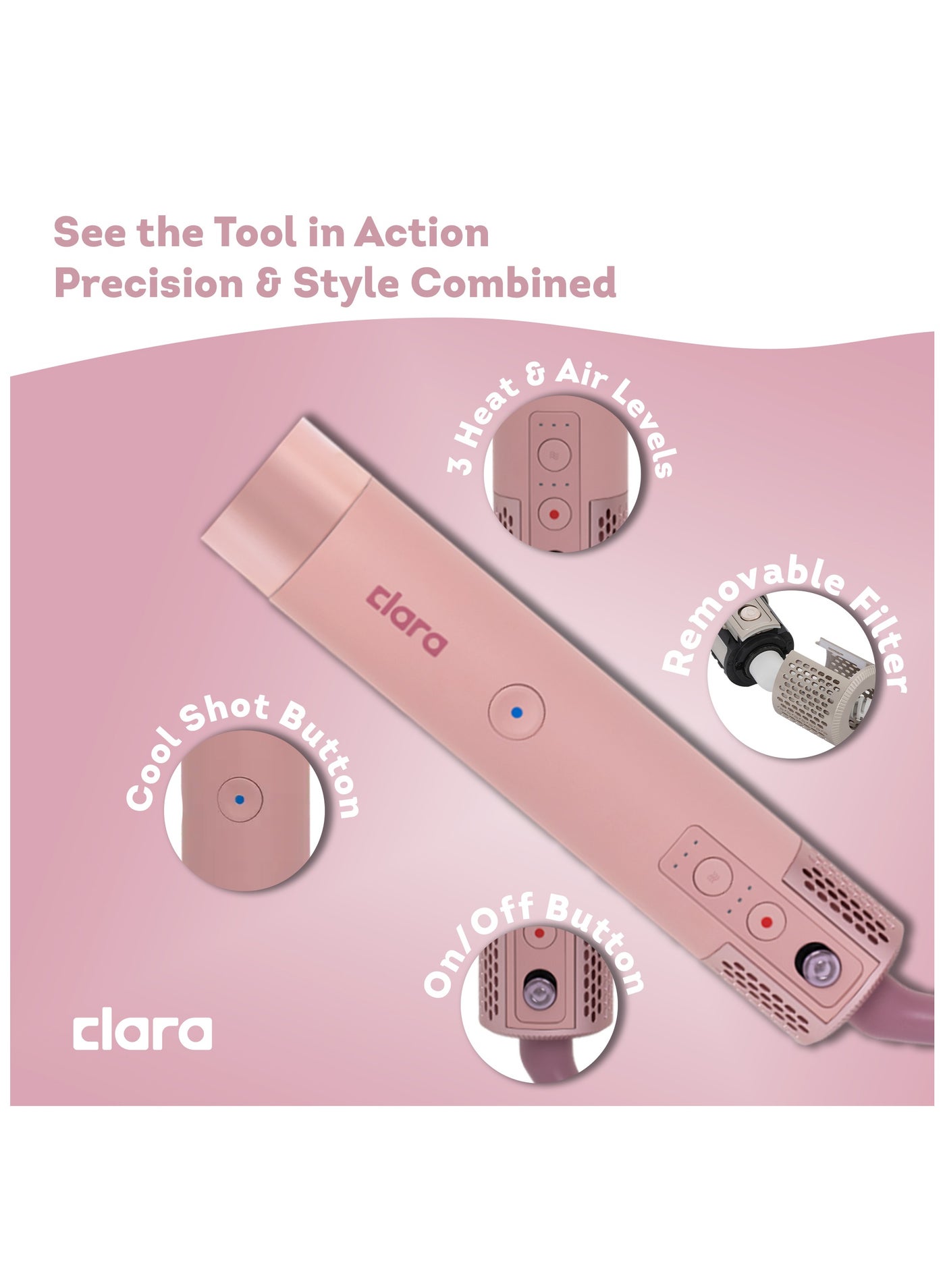 Clara Multi Styler for All Hair Types – 6-in-1 Styling Tool with Auto-Wrap Curlers, Blow Dryer, Round & Oval Brush – 1500W Ionic Hair Styler for Frizz-Free Waves & Salon Blowouts Pink - image 4