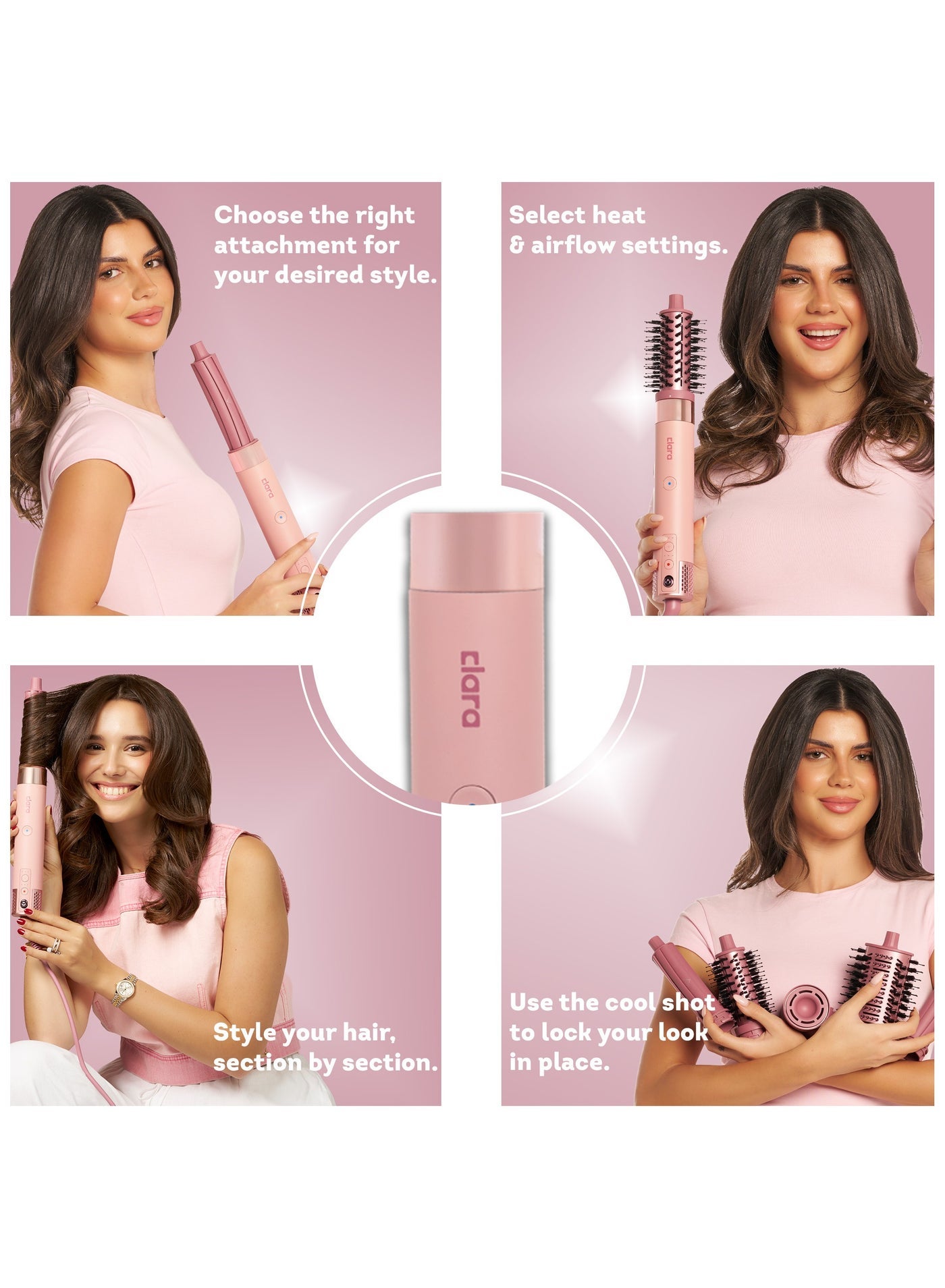 Clara Multi Styler for All Hair Types – 6-in-1 Styling Tool with Auto-Wrap Curlers, Blow Dryer, Round & Oval Brush – 1500W Ionic Hair Styler for Frizz-Free Waves & Salon Blowouts Pink - image 6