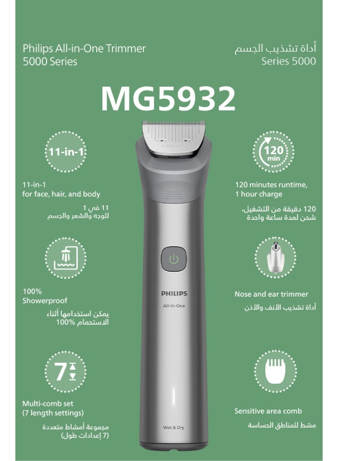 All-in-One Trimmer MG5932/15 | 11-in-1 Face, Hair & Body Grooming | Self-Sharpening Blades | 120min Cordless | Showerproof | USB-A Charging | Pouch Included Light Grey - image 2
