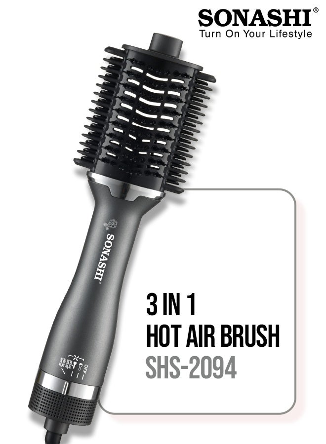 3-in-1 Hot Air Brush with Ceramic Oval Barrel| LED Straightener Indicator & PTC Fast-Heat Comb | 2 Heat & 2 Speed Settings | 1200W DC Motor | 360° Swivel Cord & Soft Brush Bristles for Smooth, Voluminous Styling SHS-2094 Black