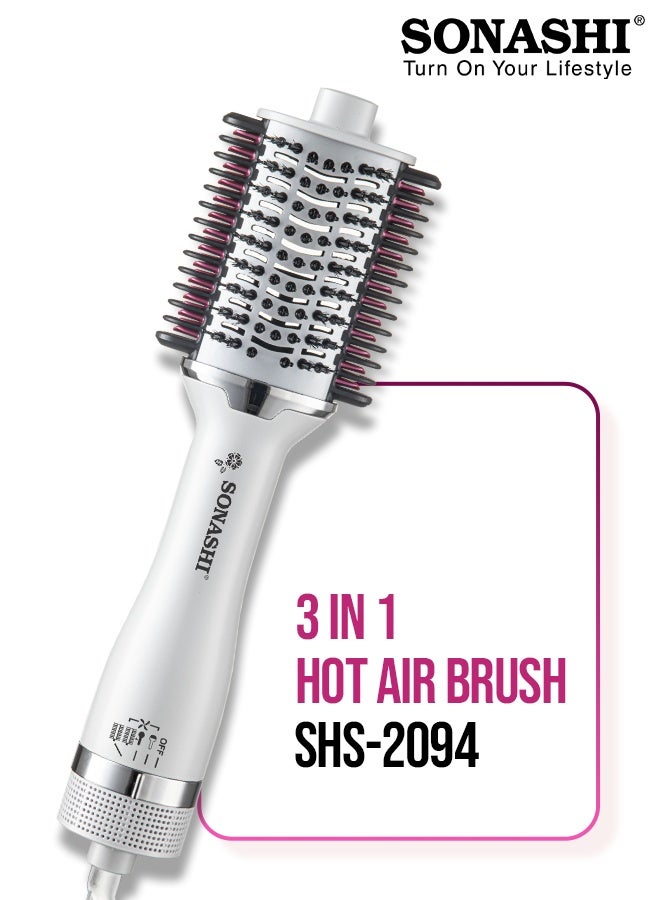 3-in-1 Hot Air Brush with Ceramic Oval Barrel| LED Straightener Indicator & PTC Fast-Heat Comb | 2 Heat & 2 Speed Settings | 1200W DC Motor | 360° Swivel Cord & Soft Brush Bristles for Smooth, Voluminous Styling | SHS-2094 White
