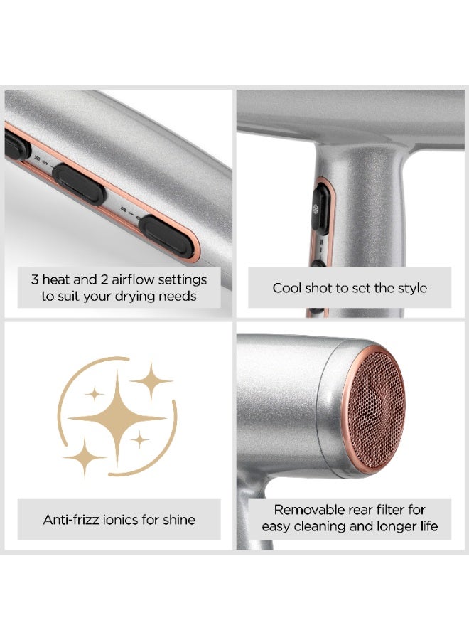 Cosmos Lightweight Hair Dryer with Diffuser, 2000W Powerful Compact Ionic Hair Dryer, 3 Heat 2 Speed Settings, Cold Shot, Ceramic Technology, (D580DSDE) Gray - image 2