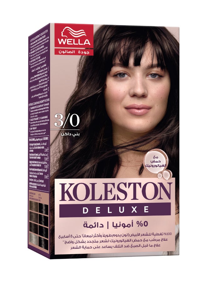 Koleston Deluxe - 0% Ammonia, 100% Grey Coverage, with Hyaluronic Acid, Up to 8 weeks long-lasting & shinier* color – 3/0 Dark Brown Packaging may vary 3 Dark Brown 152ml