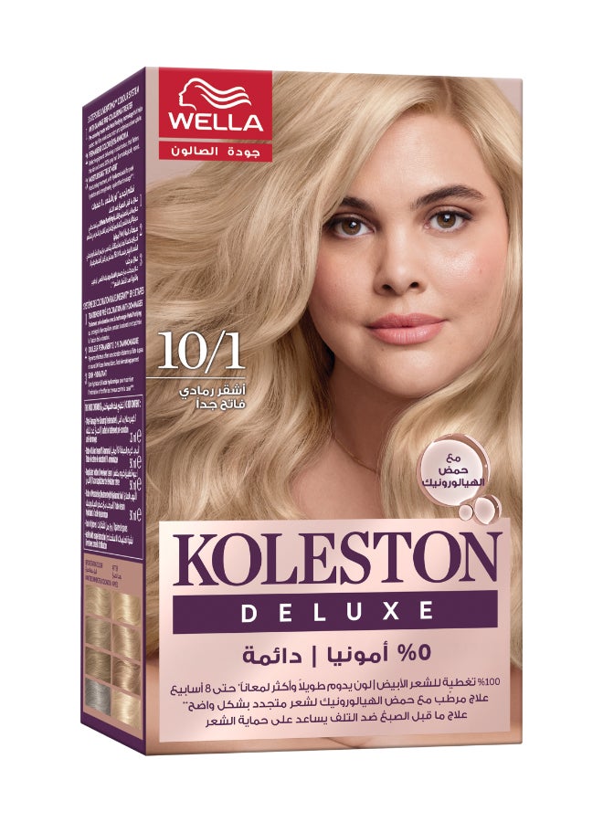 Koleston Deluxe - 0% Ammonia, 100% Grey Coverage, with Hyaluronic Acid, Up to 8 weeks long-lasting & shinier* color – 10/1 Extra Light Ash Blonde Packaging may vary 10.1 Extra Light Ash Blonde 152ml