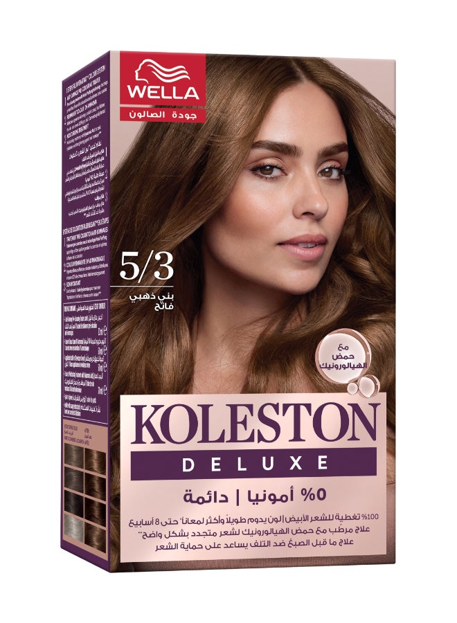 Koleston Deluxe - 0% Ammonia, 100% Grey Coverage, with Hyaluronic Acid, Up to 8 weeks long-lasting & shinier* color – 5/3 Light Golden Brown Packaging may vary 5.3 Light Golden Brown 152ml