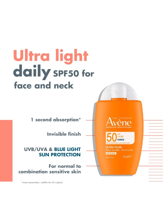 Ultra Fluid Invisible SPF 50 Face Sun Cream – Ultra-Lightweight Protection for Sensitive Skin, TriAsorB™ Blue Light Filter, Water-Resistant & Fragrance-Free for Daily Photo-Aging Defense white 50ml