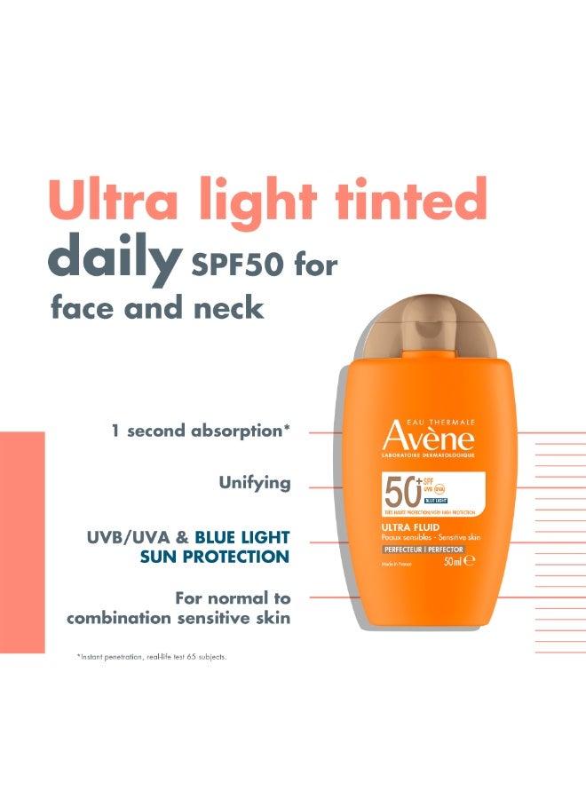 Ultra Fluid Tinted SPF 50+ Face Sun Cream  – Unifying Glow for Sensitive Skin, TriAsorB™ HEV Blue Light Filter, Anti-Pollution & Invisible Finish for Radiant Protection beige 50ml