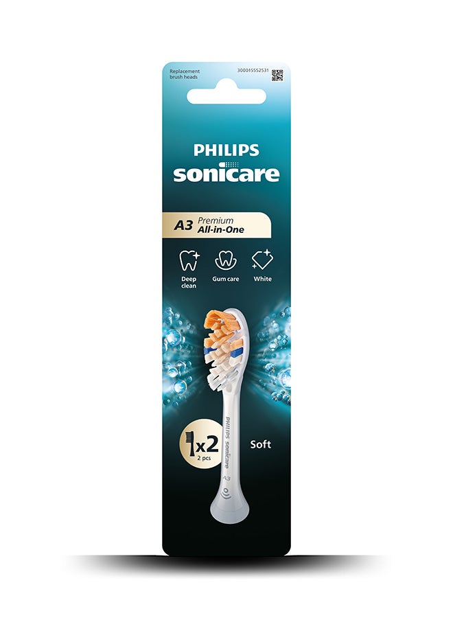 Philips Sonicare A3 All in One sonic toothbrush heads, Soft. Includes 2 Brush Heads, white colour. white 30 Gram