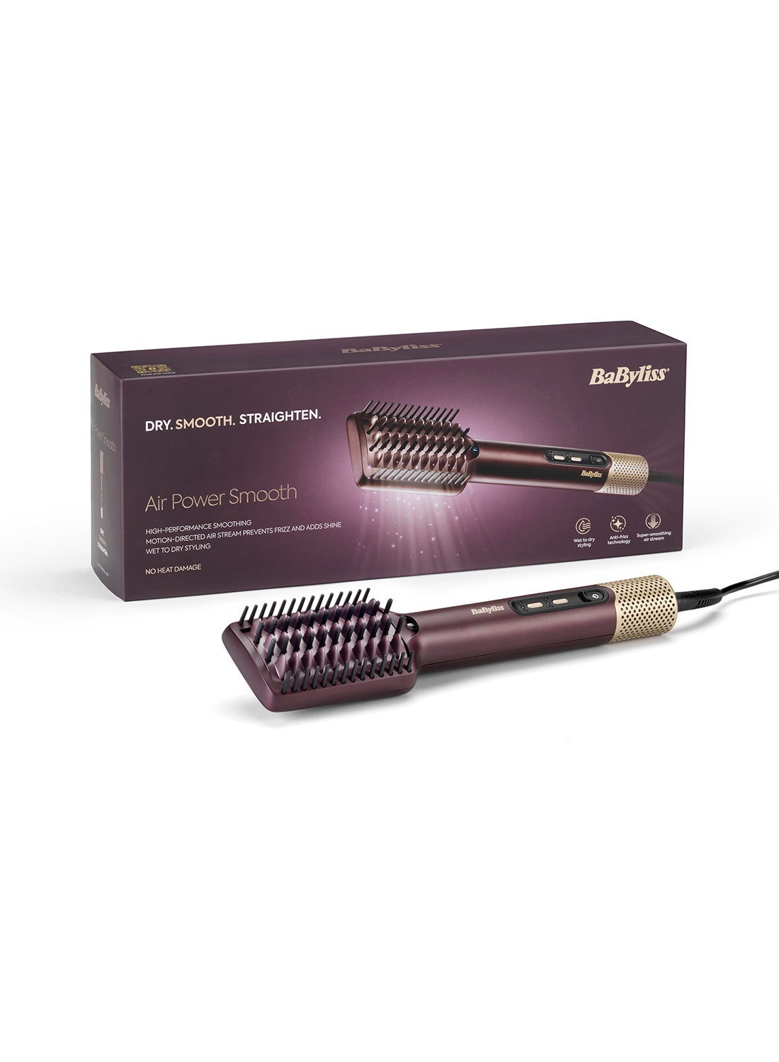Air Power Smooth Wet to Dry Hair Straightener & Smoothing Brush | Motion-Directed Airflow | Ceramic Plate | Anti-Frizz Ionic Technology | AS6400SDE purple