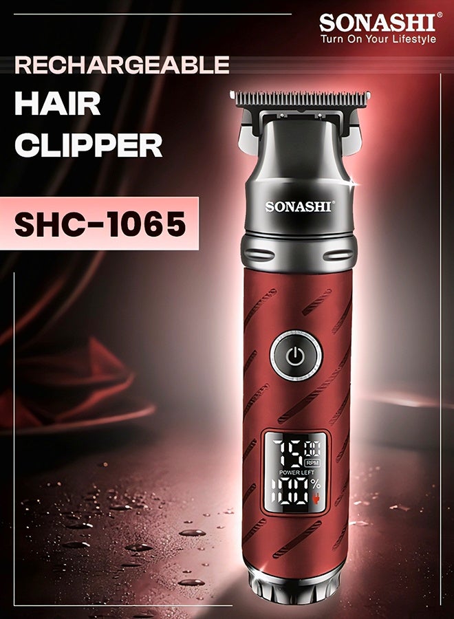 Professional T-Blade Hair & Beard Trimmer, Ceramic S/S Blade, Digital LCD, 2000mAh Lithium Battery, 4 Hours Use, USB Type-C Charging, 3 Comb Attachments SHC-1065 Maroon red