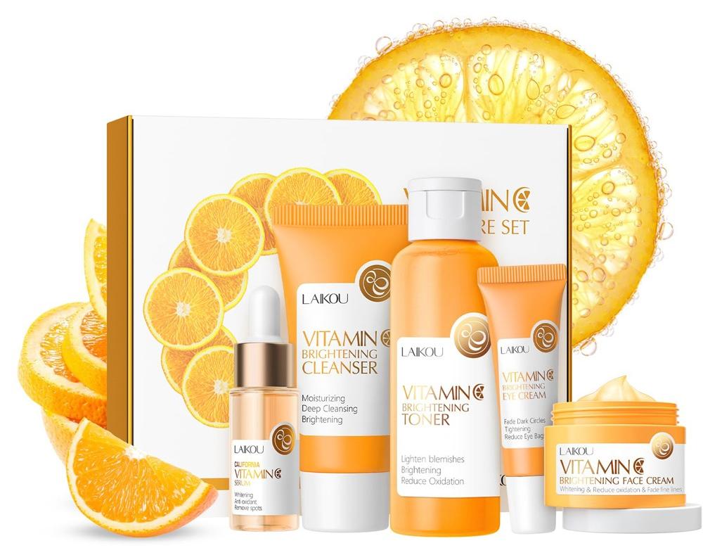 Vitamin C Skin Care Set, with Cleanser, Toner, Serum, Eye Cream, Face Cream, Travel Gift Sets for Women Teenage Girls Mom Daughter