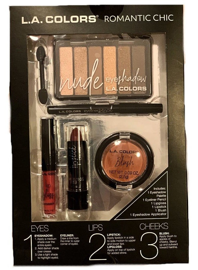 L.A. Colors Romantic Chic Makeup Set - Includes Eyeshadow, Lipgloss, Lipstick, Eyeliner, and Blush