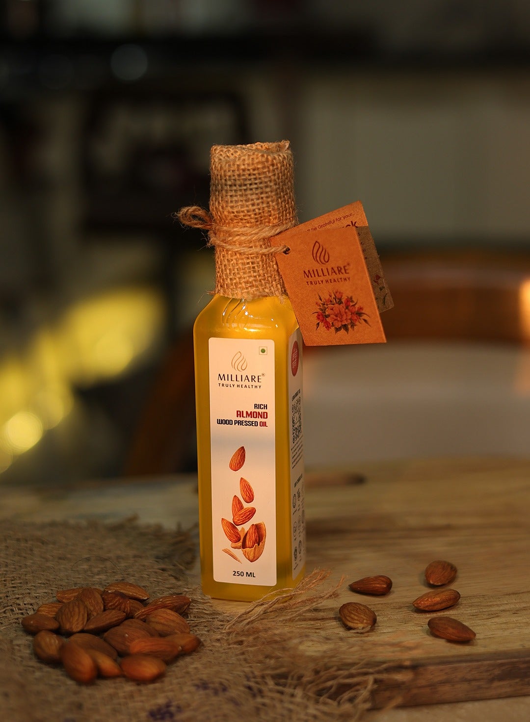 Milliare Rich Almond (Badam) Wood Pressed Oil - 100% Pure & Rich in Vitamin E for Body, Skin,Hair & Baby massage | Natural Almond Oil | Essential Oil | 250 ml - Non Preservative Oil