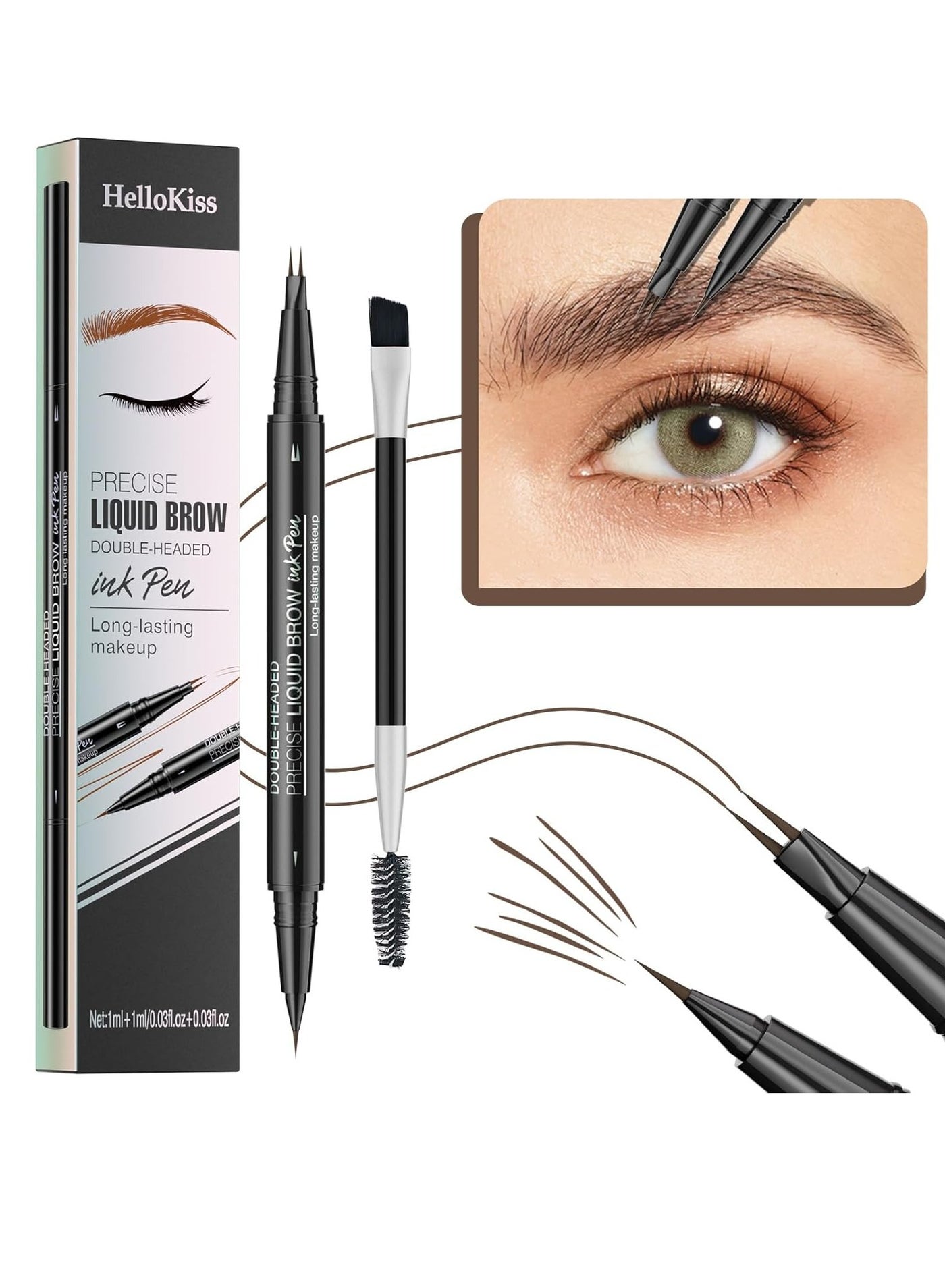 Precise Liquid Eyebrow Pen with Brush Double Headed Ink Pen 2 Tip Microblading Brow Pen Curved Eyebrow Pencil, 2 Fork Tip Eye Pen Waterproof Long Lasting Ink Pen Brown 02