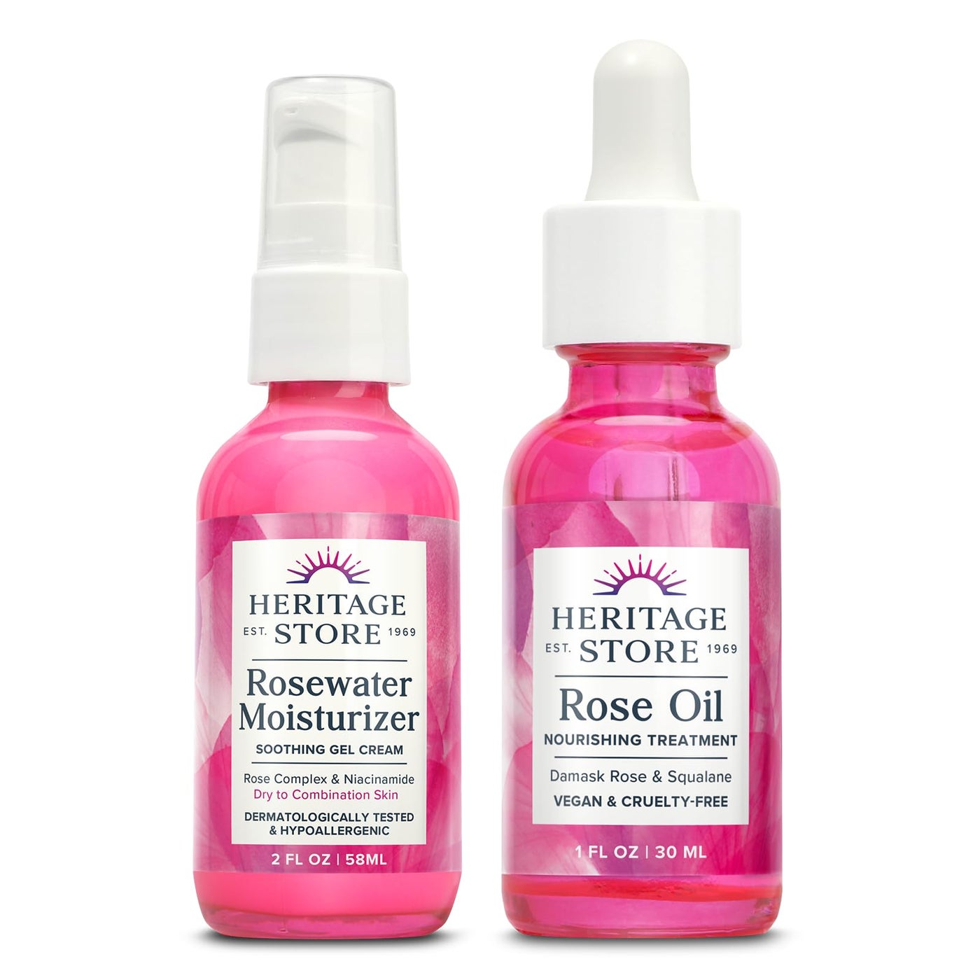 HERITAGE STORE Rosewater Facial Moisturizer and Rose Oil - Fresh Hydration Bundle for Dry to Combination Skin Care - With Hyaluronic Acid and Our Signature Rose Complex - Vegan, Hypoallergenic, 60-Day