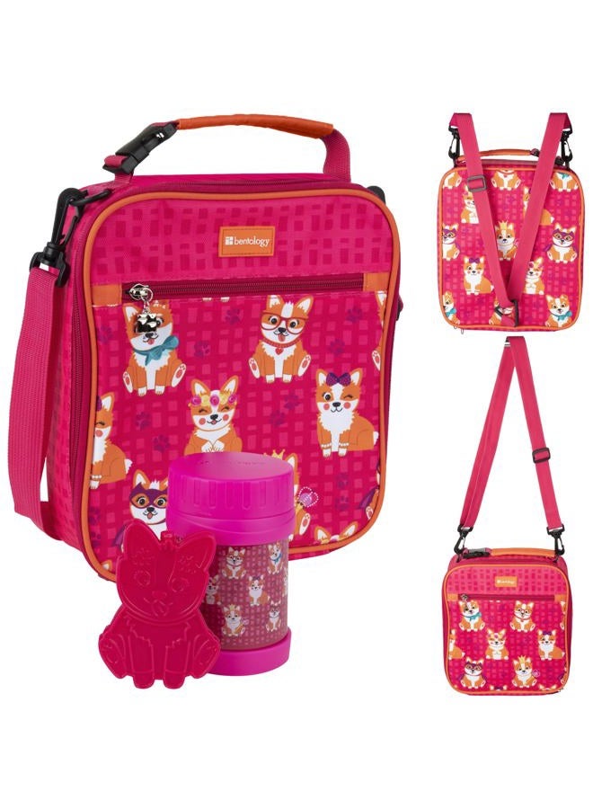 Kids Complete Pink Corgi Lunch Box Tote Kit - Insulated Soft Bag Sleeve, Convertible Backpack Strap for Kids, 13oz Food Jar & Reusable Hard Ice Pack - Use w/Bento Box or Stackable Nesting Containers