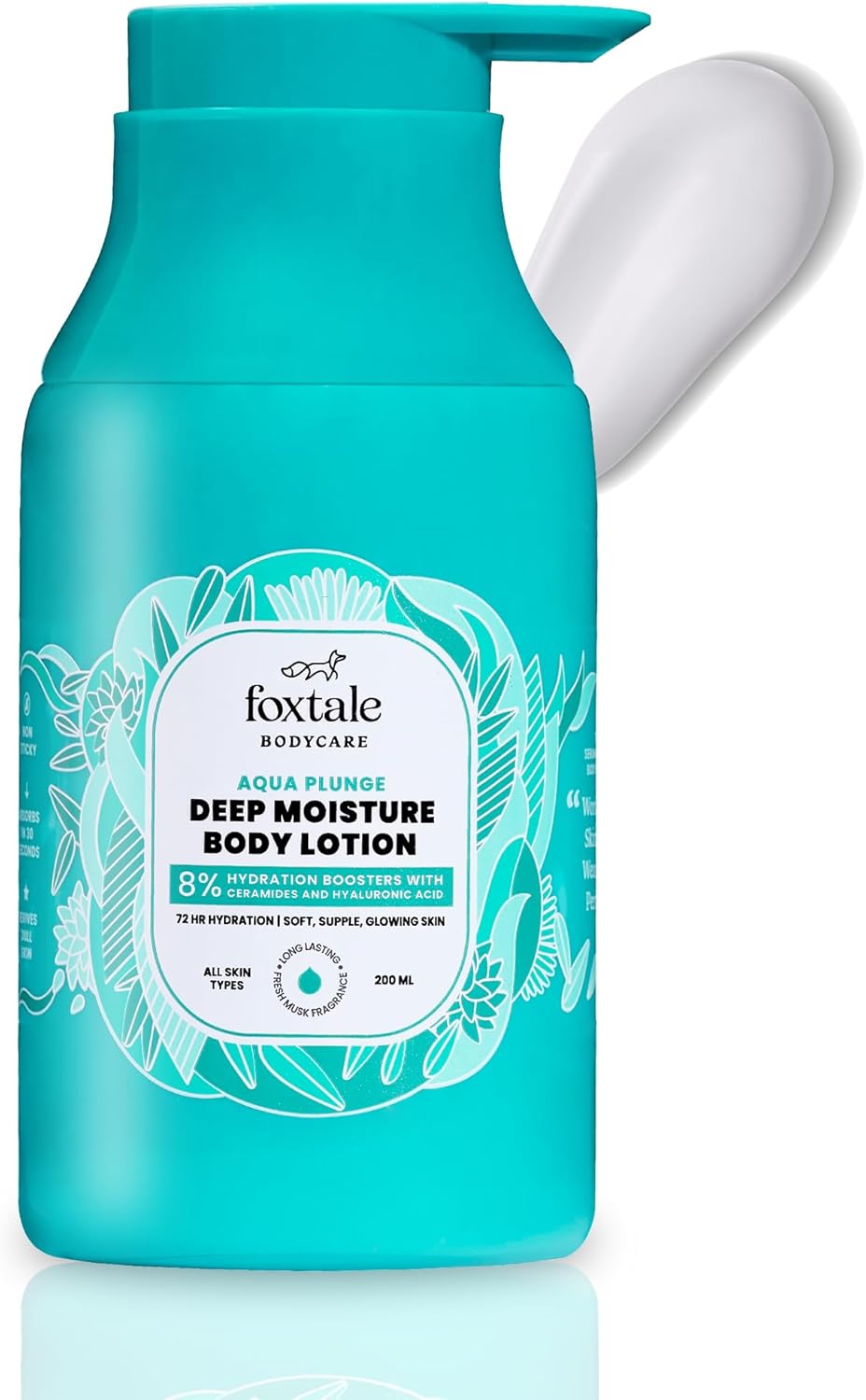Foxtale Aqua Plunge Deep Moisture Body Lotion with Hyaluronic Acid & Ceramides - 72-Hour Hydration, Lightweight & Non-Sticky, Long Lasting Musk Fragrance - 200 ml