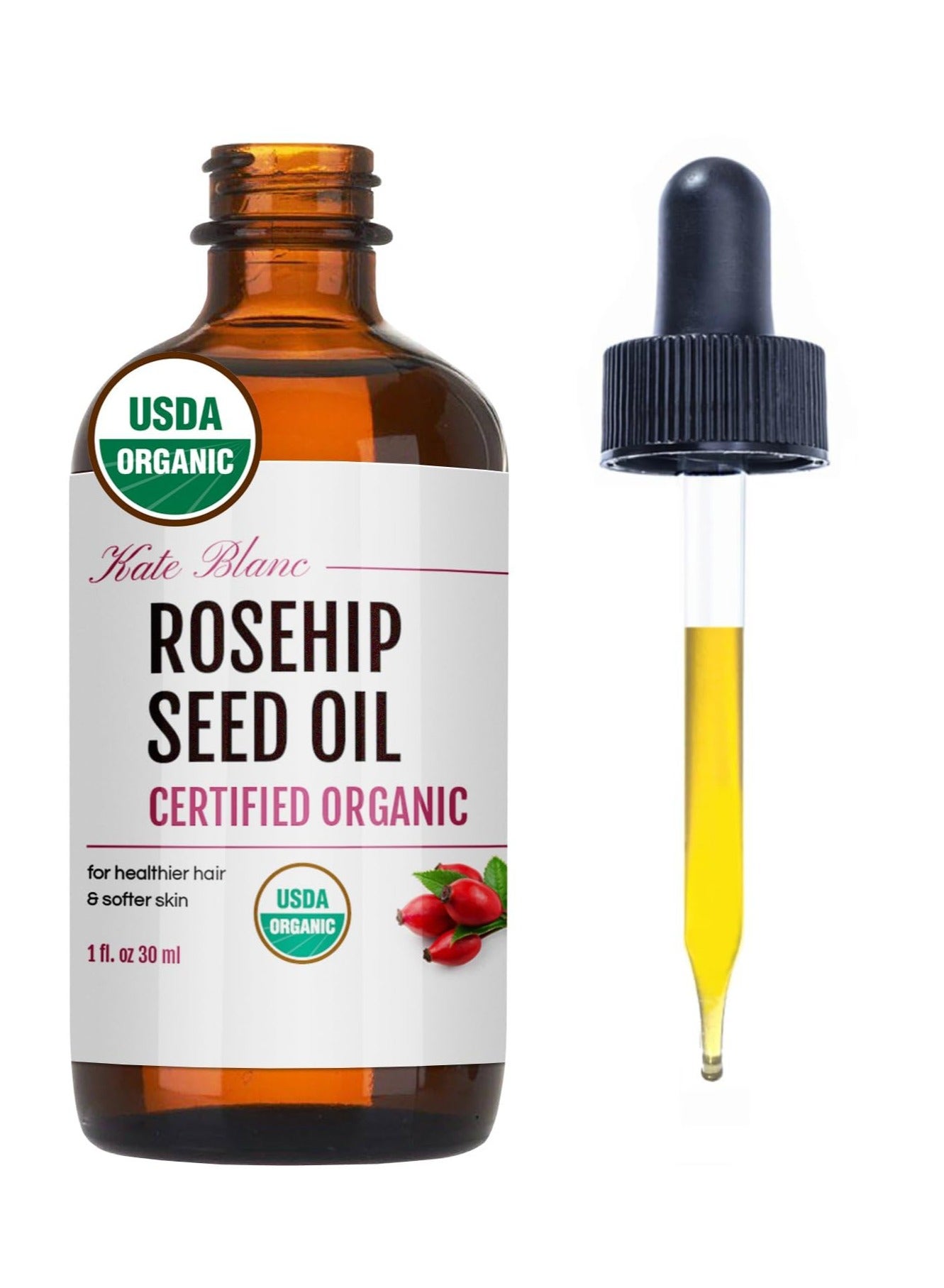 Kate Blanc Cosmetics Rosehip Oil for Face & Softer Glowing Skin (1oz, Organic, Pure, Cold Pressed) Rosehip Seed Face Oil for Facial & Gua Sha Massage