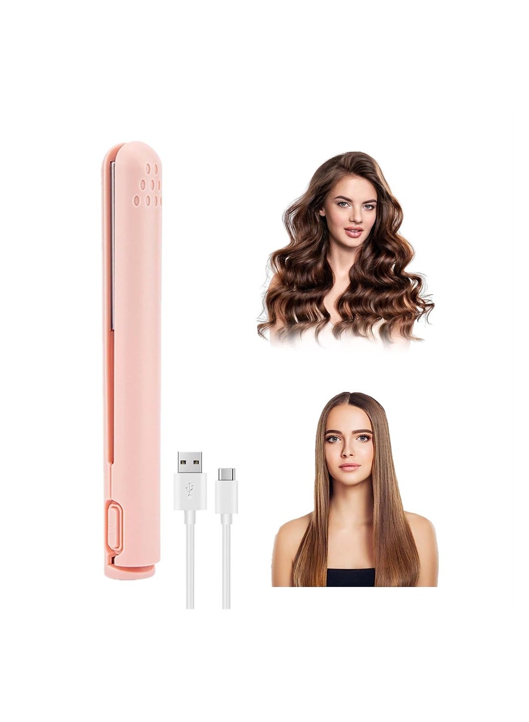 Mini Dual-Purpose Curling Iron, 2 in 1 Hair Straightener and Curler, Ceramic Mini Hair Curling Iron for All Hair Types, Portable Mini Hair Curler for Home Travel (Pink)
