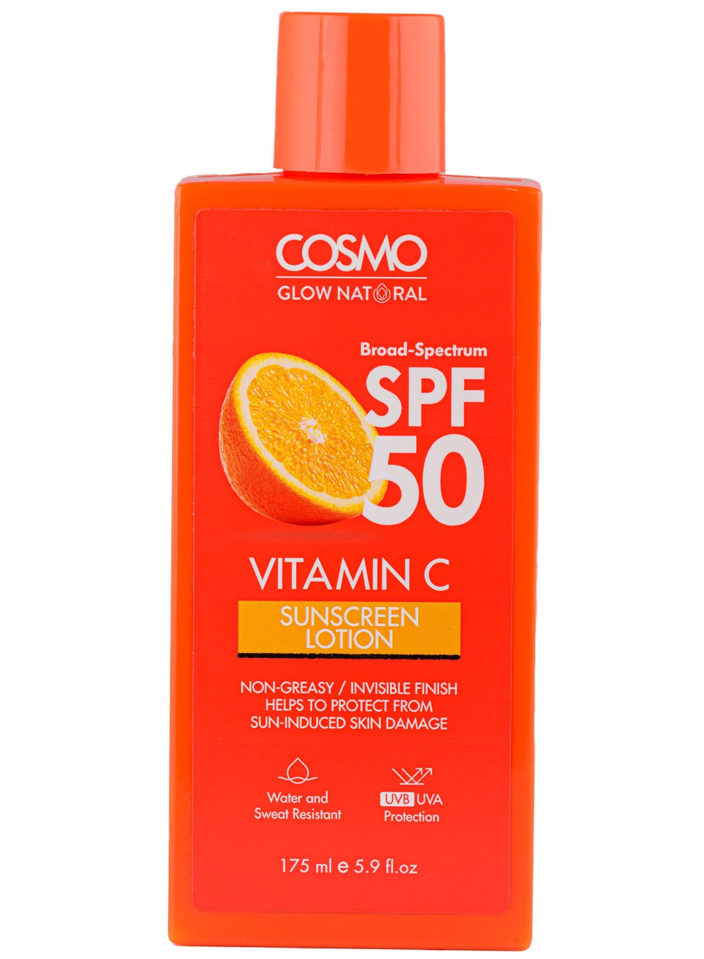 Cosmo Glow Natural Orange Vitamin C SPF 50 Sunscreen Lotion For Unisex 175ml, Non Greasy, Protect Skin Damage