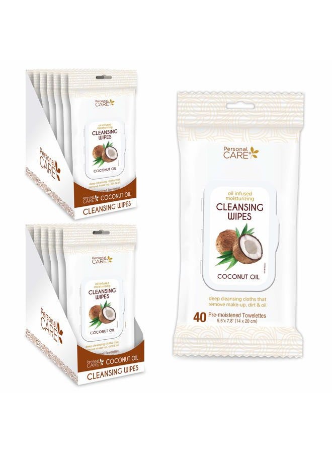 Personal Care Coconut Oil Cleansing Wipes, Makeup Remover and Facial Cleanser for Sensitive Skin, Gentle Exfoliating, Convenient Travel Size, Bulk Value Pack (12 Packs, 40ct 480 Total Wipes)