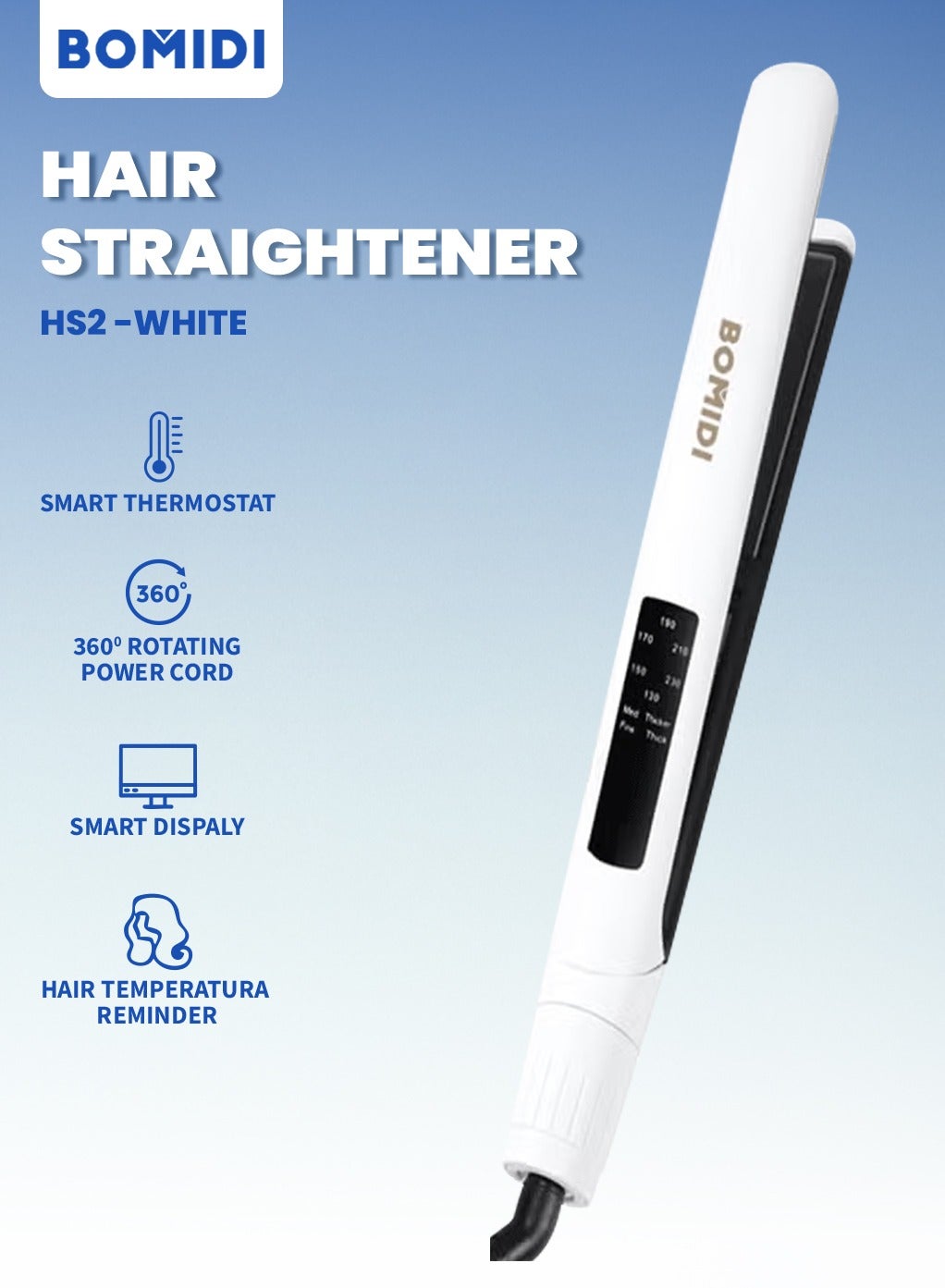 Hair Straightener With Bottom Rotation Gear Adjustment, Smart Thermostat, MCH Tech 15 Second Rapid Heating and Smart Display HS2  - White