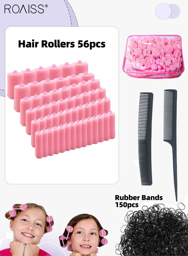 56 Pcs Foam Sponge Hair Rollers Soft Sleeping Hair Curler Assorted Sizes Flexible Hair Styling Sponge Curler with Pointed Tail Comb and Double-ended Comb for DIY Hair Styling