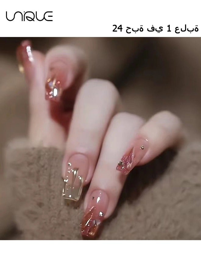 24 Pcs Fake Nails - Mid-length Ballet Manicure - Flame Diamond Manicure - Gradient Flame Manicure - Fake Nail Patch