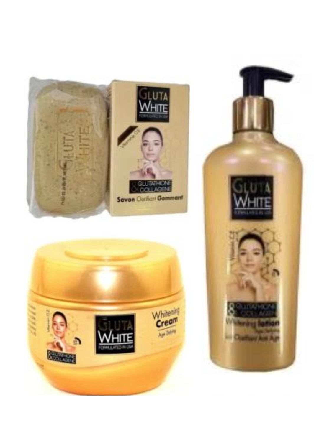 Set Of three Pcs Glutathione & Collagen Lotion 250 ml + Whitening Cream Age Defying 125 mL + Clarifying & Exfoliating Soap 190 g