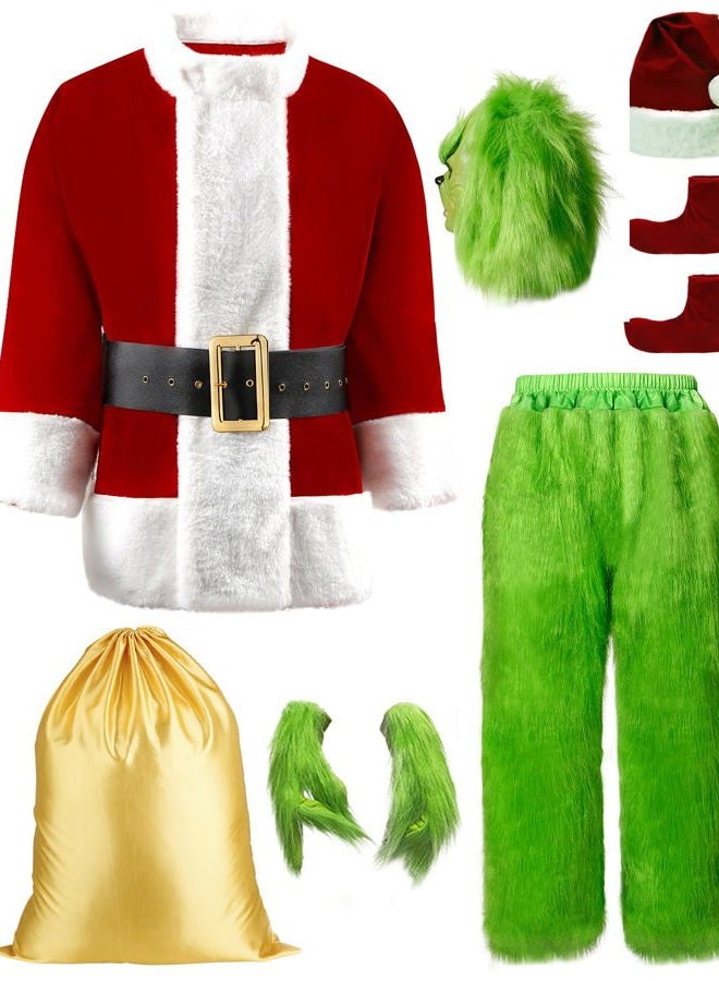 Green Christmas Costume Mens Halloween Costumes Adult Santa Costume with Mask 8PCS Deluxe Funny Halloween Cosplay Outfit (Including Mask) Large