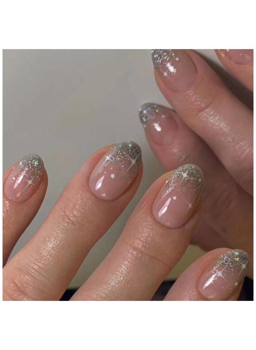 Press On Nails 24Pcs，French Style Short Glittery Armor，Medium Fake Acrylic Nails With Glue Kit
