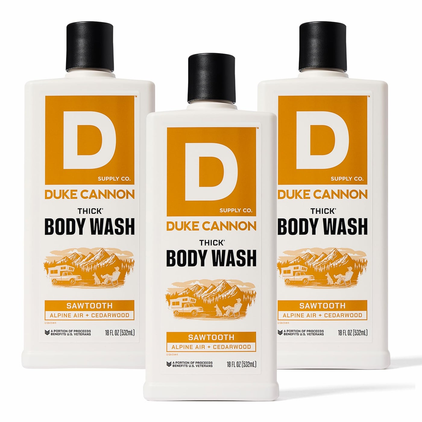 Duke Cannon THICK Body Wash for Men â€“ Sawtooth Alpine Air & Cedarwood Scent, 3X Thicker Formula, Mineral-Enriched Exfoliation, Sulfate & Paraben Free, 18 oz (Pack of 3)