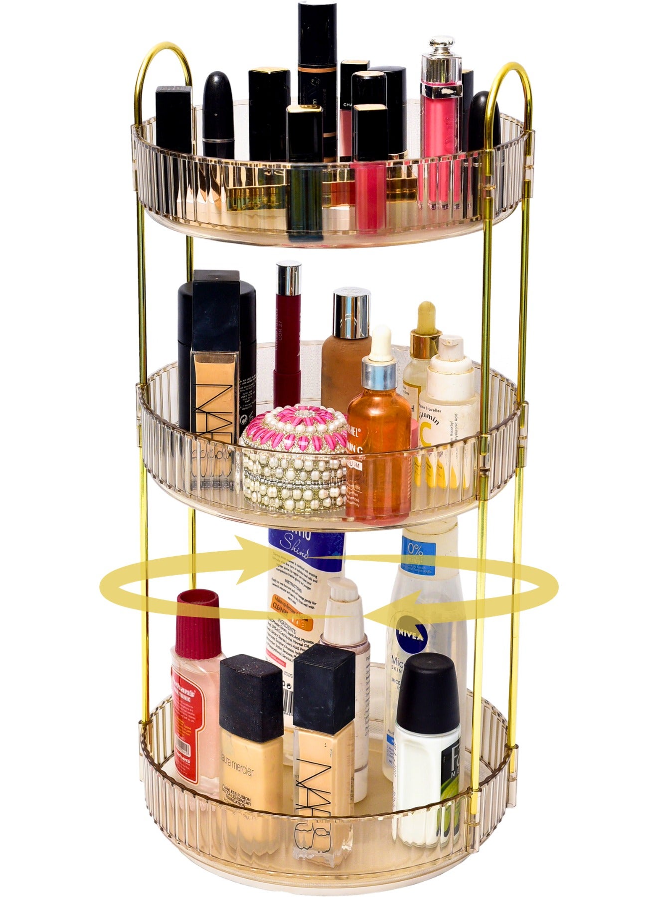Makeup Organizer & Perfume Stand, Luxury Acrylic Make Up Organizer, Lazy Susan 360° Rotating Perfume Organizer, Showcase Your Cosmetic Collection with 3 Tier Gold Makeup Stand 47x23x23cm