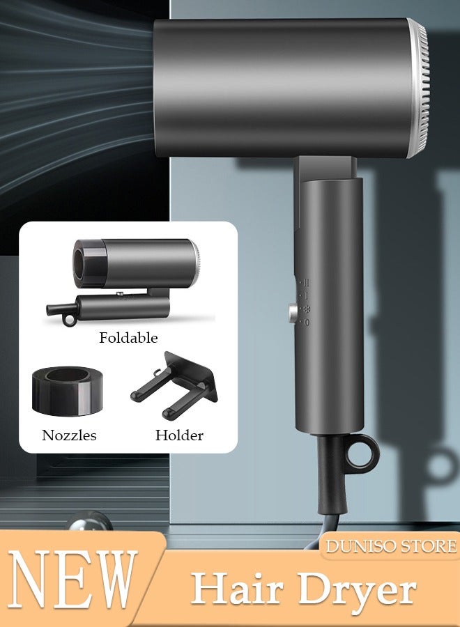 Foldable Ionic Hair Dryer, 3 speeds Powerful 1800W Fast Drying Low Noise Blow Dryer with 1 Concentrator Nozzle 1 Hair dryer holder for Home Salon Travel