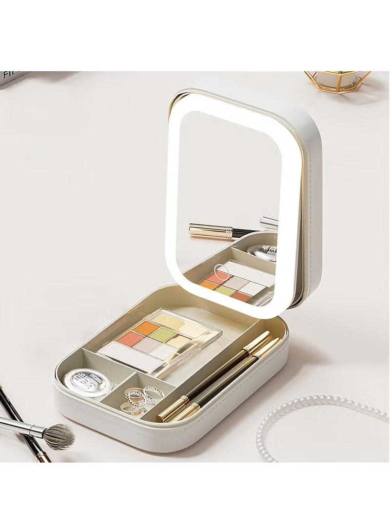 Travel Makeup Mirror with Light, Compact Makeup Bag with LED Mirror, Portable Lighted Beauty Mirror, 3-Color Lighting Makeup Case, 1200mAh Rechargeable Tabletop Cosmetic Mirror, White