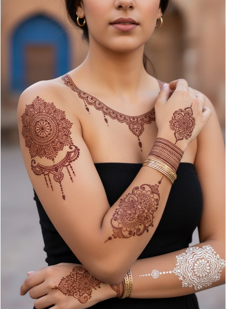 16 Pcs Henna Tattoo Kit - Temporary Tattoo Stickers for Adults with Lace, Flower, and Butterfly Patterns