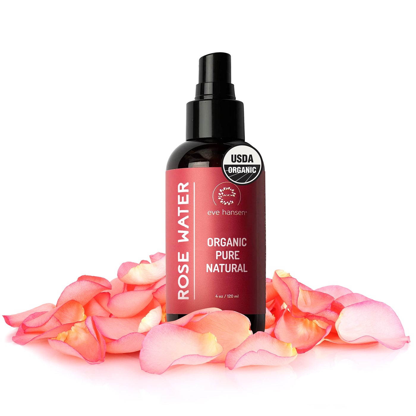 Eve Hansen Organic Rose Water Spray â€“ Pure Rosewater Face & Hair Mist for Hydration & Refreshing Glow | Facial Toner & Makeup Setting Spray | Alcohol-Free & Vegan | 4 oz