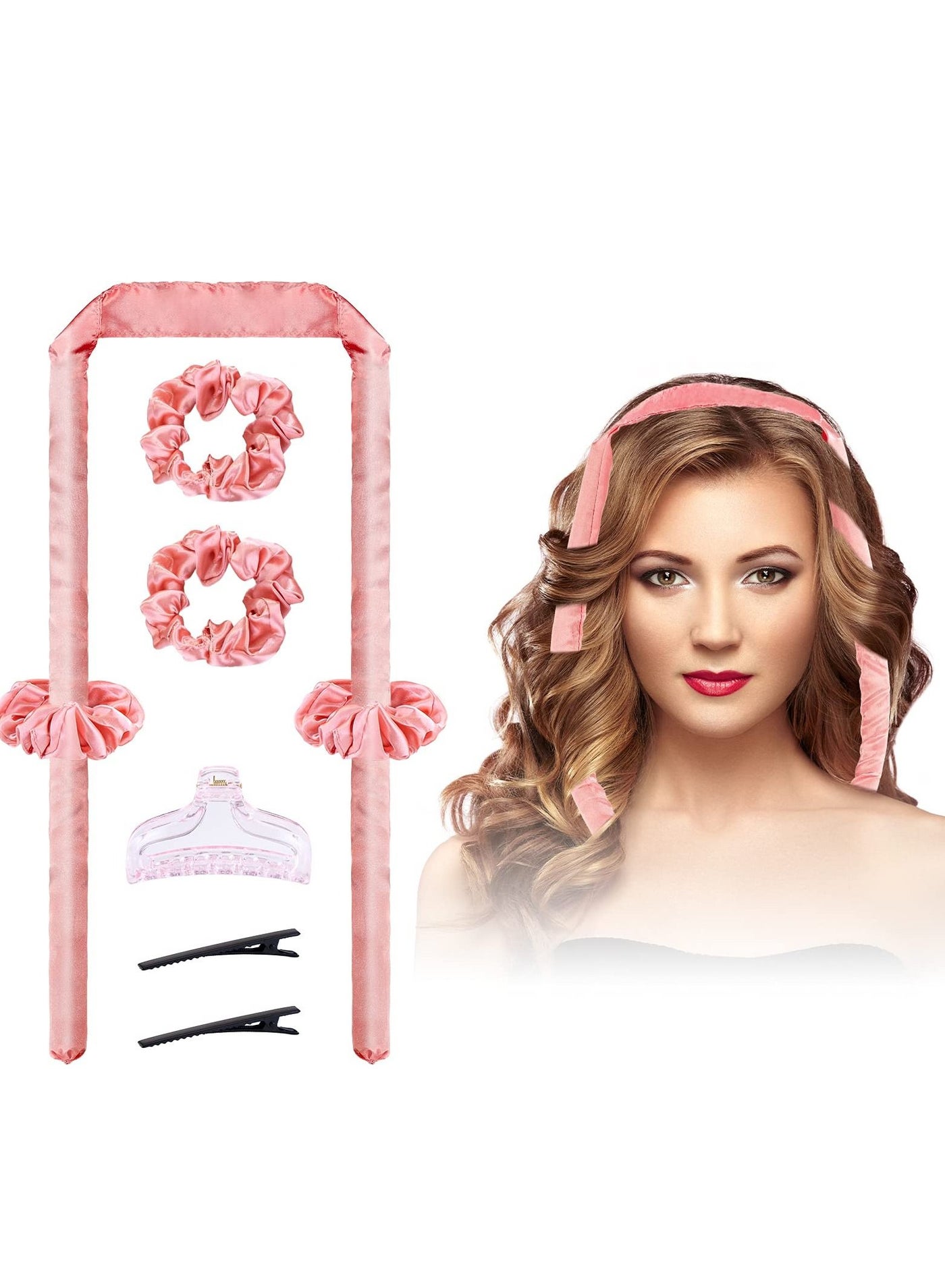 Heatless Hair Curler, Curling Headband with Segmented Design Without Heating Wire, Overnight Curling Iron Does Not Disturb Sleep, Silk Curling Ribbon with Rubber Band and Clip